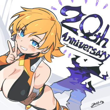 1girl anniversary artist_request ass bare_shoulders blonde_hair blush breasts cleavage curvy from_above grin happy highleg highleg_leotard igawa_sakura kunai large_breasts leotard looking_at_viewer official_art revealing_clothes shadow shiny_skin smile standing taimanin_(series) taimanin_asagi taimanin_rpgx tan tanline v weapon wide_hips