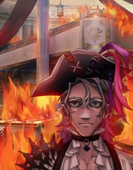Rule 34 | 1boy, absurdres, bags under eyes, black choker, black hat, blue eyes, blue hair, choker, closed mouth, empty eyes, fine art parody, fire, frilled shirt, frills, frown, gavis bettel, gavis bettel (2nd costume), grey hair, hair between eyes, hat, hat feather, heterochromia, highres, holostars, holostars english, indoors, looking at viewer, male focus, medium hair, meho (httpsoverbreak), multicolored hair, parody, pillar, pink eyes, pink hair, pirate hat, ptsd, shirt, solo, straight-on, the two-thousand yard stare, thousand yard stare, upper body, virtual youtuber, white shirt