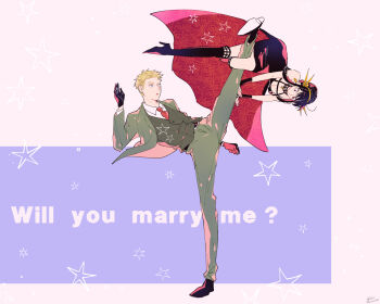 1boy 1girl awarinko bare_shoulders battle black_dress black_footwear black_gloves black_hair black_thighhighs blonde_hair boots breasts cleavage collar collared_shirt detached_collar dress duel earrings english_text fingerless_gloves formal_clothes full_body gloves green_jacket green_pants green_suit green_vest grey_background hairband hand_up high_heel_boots high_heels high_kick highres jacket jewelry kicking long_sleeves looking_at_another looking_away necktie outstretched_arms pants pendant plantar_flexion marriage_proposal red_gloves red_necktie shirt shoe_soles shoes short_hair sidelocks sleeveless sleeveless_dress spiked_hairband spikes spy_x_family standing standing_on_one_leg star_(symbol) suit thigh_boots thighhighs train_(clothing) twilight_(spy_x_family) twitter_username two-tone_gloves updo vest white_collar yor_briar