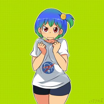Rule 34 | 1girl, animated, animated gif, bike shorts, black shorts, blue hair, bouncing breasts, breasts, commentary, cowboy shot, earth-chan, english text, furrowed brow, green hair, hataraki ari, impossible clothes, impossible shirt, large breasts, logo, nasa logo, one side up, open mouth, original, red eyes, shirt, short hair, shorts, signature, solo, wavy mouth