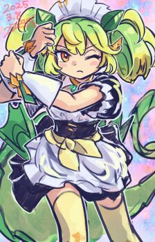 1girl 250en_remon apron black_dress closed_mouth commentary_request dragon_girl dragon_horns dragon_tail dragon_wings dress duel_monster frilled_apron frills green_hair hair_between_eyes highres horns looking_at_viewer maid maid_apron maid_headdress one_eye_closed orange_eyes parlor_dragonmaid puffy_short_sleeves puffy_sleeves short_sleeves solo tail thighhighs waist_apron white_apron wings wrist_cuffs yellow_thighhighs yu-gi-oh!