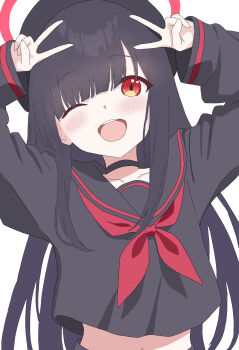 1girl ;d absurdres arms_up beret black_choker black_hair black_hat black_shirt blue_archive blush choker commentary double_v halo hat highres hoshino-daisuk1 justice_task_force_member_(blue_archive) long_hair looking_at_viewer midriff navel neckerchief one_eye_closed open_mouth red_eyes red_neckerchief school_uniform serafuku shirt simple_background smile solo straight_hair v very_long_hair white_background