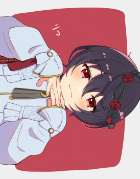 Rule 34 | 1boy, :3, black hair, blush, bow, character name, commentary, crescent, ensemble stars!, feature scout 1 (ensemble stars!), flower, head wreath, interlocked fingers, long sleeves, looking at viewer, male focus, no no no no ko, portrait, red bow, red eyes, red ribbon, ribbon, rose, sakuma ritsu, shirt, sideways, sleeves past wrists, solo, symbol-only commentary, tassel, white shirt