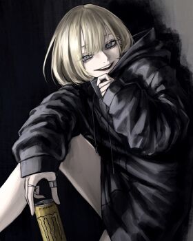 1girl black_hoodie blonde_hair blue_eyes can ear_piercing hair_between_eyes highres holding holding_can hood hood_down hoodie jewelry long_sleeves monster_energy multiple_rings open_mouth original piercing ring short_hair smile solo teeth tuba_io upper_teeth_only