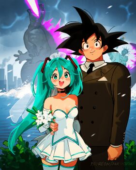 1boy 1girl absurdres aqua_eyes aqua_hair atomic_breath black_choker black_eyes black_hair black_jacket black_pants black_suit bouquet breasts breath_weapon bridal_veil bride building buttons choker city commentary cross_promotion crossover dinosaur double-breasted dragon_ball dragonball_z dress dress_pants elbow_gloves energy energy_beam english_commentary flower formal_clothes fortnite gloves godzilla godzilla_(monsterverse) godzilla_(series) godzilla_evolved godzilla_x_kong:_the_new_empire hatsune_miku highres holding holding_bouquet jacket kaiju king_kong_(series) legendary_pictures long_hair looking_at_viewer monsterverse mouth_beam multiple_crossover ocean open_mouth overcast pants sky small_breasts snegovski son son_goku spiked_hair statue_of_liberty suit suit_jacket thighhighs toho twintails veil vocaloid wedding wedding_dress white_dress white_gloves white_thighhighs
