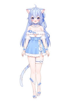 1girl :d ahoge animal_ear_fluff animal_ears blue_eyes blue_hair blue_nails blue_skirt blush breasts cat_ears cat_girl cat_tail chitetan cleavage cleavage_cutout clothing_cutout commentary_request copyright_request dotted_line full_body hair_bun heart high-waist_skirt large_breasts long_hair looking_at_viewer nail_polish off-shoulder_shirt off_shoulder one_side_up open_mouth sandals see-through_clothes see-through_sleeves shirt short_sleeves simple_background single_side_bun skirt smile solo standing tail toenail_polish toenails very_long_hair virtual_youtuber watermark white_background white_sandals white_shirt