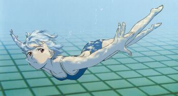 Rule 34 | 1girl, :t, absurdres, ayanami rei, barefoot, blue hair, blue one-piece swimsuit, breasts, bubble, caustics, female focus, flat chest, foreshortening, from side, highres, holding breath, neon genesis evangelion, one-piece swimsuit, outstretched arms, pale skin, pool, red eyes, scan, short hair, small breasts, solo, spread arms, swimming, swimsuit, tsurumaki kazuya, underwater