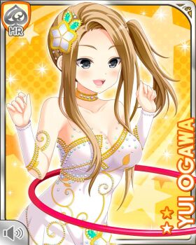 1girl :d bare_shoulders black_eyes breasts brown_hair card_(medium) character_name cleavage girlfriend_(kari) gymnastics hair_ornament hoop large_breasts leotard official_art ogawa_yui_(girlfriend_(kari)) open_mouth qp:flapper rhythmic_gymnastics side_ponytail smile solo standing star_(symbol) white_leotard yellow_background
