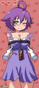 1boy 1girl absurdres arms_behind_back artist_name bdsm blush bondage bound breasts cleavage controller covered_erect_nipples dress famicom game_console game_controller gloves green_eyes heart highres large_breasts legs looking_at_viewer molestation nipple_stimulation nipple_tweak one_eye_closed original pov purple_hair sleeveless sleeveless_dress solo sweat thick_thighs thighs yukino_akaihi yukino_memories