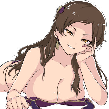 Rule 34 | 1girl, arm rest, bikini, breasts, brown hair, commentary request, earrings, evil grin, evil smile, facial tattoo, grin, hair ornament, half-closed eyes, hand on own cheek, hand on own face, highres, hitofudegaki usagi, idolmaster, idolmaster million live!, idolmaster million live! theater days, jewelry, kitazawa shiho, large breasts, long hair, looking at viewer, lying, on stomach, purple bikini, simple background, smile, solo, swimsuit, tattoo, untied bikini top, white background, yellow eyes