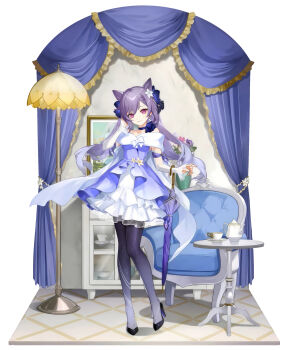 Rule 34 | 1girl, absurdres, artist request, braid, cone hair bun, detached sleeves, double bun, dress, earrings, full body, genshin impact, hair bun, highres, jewelry, keqing (genshin impact), keqing (resplendent feast) (genshin impact), long hair, long sleeves, looking at viewer, official alternate costume, official art, purple hair, smile, solo, standing, twintails, umbrella, white dress