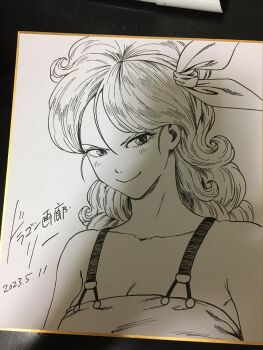 1girl breasts camisole cleavage commentary_request curly_hair dated dragon_ball dragon_ball_(classic) eyelashes hair_ribbon highres large_breasts lee_(dragon_garou) lunch_(bad)_(dragon_ball) lunch_(dragon_ball) marker_(medium) monochrome photo_(medium) ribbon smile solo traditional_media upper_body v-shaped_eyebrows