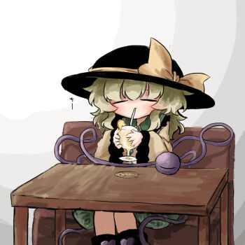 1girl black_hat closed_eyes commentary_request contrast_collar drink drinking green_hair hair_between_eyes hat hat_ribbon heripantomorrow holding holding_drink komeiji_koishi long_sleeves ribbon shirt sitting solo table third_eye touhou translation_request white_background wide_sleeves yellow_ribbon yellow_shirt