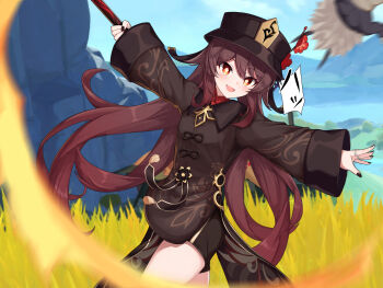 1girl black_hat black_nails blush breasts brown_hair brown_shirt flower flower-shaped_pupils genshin_impact grass hair_flower hair_ornament hat highres hilichurl_(genshin_impact) holding holding_polearm holding_weapon hu_tao_(genshin_impact) jewelry kurotsubete long_hair looking_at_viewer open_mouth polearm red_eyes ring shirt small_breasts speech_bubble staff_of_homa_(genshin_impact) symbol-shaped_pupils tall_grass thighs twintails weapon