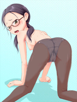 Rule 34 | 1girl, all fours, ass, black pantyhose, blush, breasts, female focus, glasses, nipples, oinari sanda, open mouth, original, panties, panties under pantyhose, pantyhose, solo, tagme, topless female, underwear, white panties