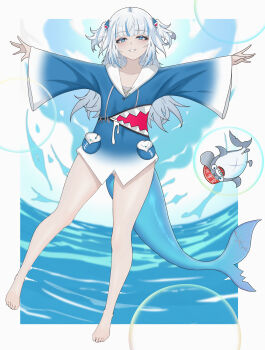 1girl absurdres animal_hood barefoot bianxing_chong bloop_(gawr_gura) blue_eyes blue_hoodie blue_sky commentary english_commentary fins fish_tail full_body gawr_gura gawr_gura_(1st_costume) gluteal_fold grin hair_ornament highres hololive hood hoodie long_hair long_sleeves looking_at_viewer ocean outdoors panties shark_girl shark_hair_ornament shark_hood shark_tail sky smile solo tail teeth toes underwear virtual_youtuber white_hair white_panties
