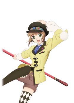 Rule 34 | 1girl, argyle clothes, argyle thighhighs, artist request, black hat, black thighhighs, blue necktie, breasts, brown hair, brown shorts, commentary, cowboy shot, game cg, green eyes, hand on own hat, hat, holding, holding behind back, holding polearm, holding polearm behind back, holding weapon, holding weapon behind back, jacket, leia rolando, long sleeves, looking at viewer, medium breasts, necktie, official art, open mouth, peaked cap, polearm, shirt, short hair, shorts, smile, solo, standing, standing on one leg, tales of (series), tales of asteria, tales of xillia, tales of xillia 2, thighhighs, thighs, third-party source, transparent background, weapon, white shirt, yellow jacket