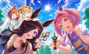5girls ^_^ animal_ears arm_ribbon artist_request asymmetrical_sleeves bare_arms belt black_hairband black_pants blue_overalls blue_sky blunt_bangs blunt_ends bow bowtie braid brown_dress brown_hair brown_ribbon brown_shirt building buttons cellphone cherry_blossom_print cherry_blossoms clenched_hand clock_hands closed_eyes cloud collarbone collared_shirt copyright_notice cowboy_shot curious curren_chan_(casual)_(umamusume) curren_chan_(umamusume) day denim dot_nose double-breasted dress dress_shirt ear_bow ear_covers ear_ornament fine_motion_(casual)_(umamusume) fine_motion_(umamusume) floral_print flower-shaped_pupils flower_button frilled_shirt_collar frills game_asset garden glasses grey-framed_eyewear grey_bow grey_bowtie grey_eyes hair_between_eyes hair_bun hair_intakes hair_over_one_eye hair_ribbon hairband happy haru_urara_(casual)_(umamusume) haru_urara_(umamusume) high_ponytail highres holding holding_phone horse_ears horse_girl horse_tail hotel ikuno_dictus_(casual)_(umamusume) ikuno_dictus_(umamusume) jeans jewelry lace-trimmed_sleeves lace_trim light_particles long_hair long_sleeves mismatched_sleeves multicolored_hair multiple_girls neck_ribbon official_art open_mouth orange_ribbon outdoors overalls pants pendant phone pink_eyes pink_hair pink_hairband pink_shirt pink_sweater pocket ponytail print_shirt puffy_long_sleeves puffy_short_sleeves puffy_sleeves purple_eyes red_bow ribbon rice_shower_(casual)_(umamusume) rice_shower_(umamusume) round_eyewear shirt shirt_under_dress short_sleeves single_braid single_side_bun sky skyscraper smartphone smile streaked_hair sun suspenders sweater symbol-shaped_pupils tail tareme teeth third-party_source tree tsurime turtleneck turtleneck_sweater umamusume upper_body upper_teeth_only v-neck very_long_hair waist_bow white_bow white_hairband white_sweater window wrist_ribbon yellow_belt yellow_bow