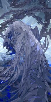 Rule 34 | absurdres, arkveld, blood, blood on face, blue blood, claws, grey scales, highres, horns, monster, monster focus, monster hunter (series), monster hunter wilds, no humans, nslacka, scales, solo, spiked arm, spiked wings, tail