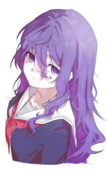 1girl :/ alternate_hairstyle asahina_mafuyu barusamiko_su3 blank_stare blue_jacket closed_mouth commentary_request cropped_shoulders curly_sidelocks double-parted_bangs expressionless from_above grey_shirt hair_between_eyes hair_down highres jacket long_bangs long_hair long_hair_between_eyes long_sidelocks looking_at_viewer miyamasuzaka_girls&#039;_academy_school_uniform mojyo neckerchief partially_shaded_face project_sekai purple_eyes purple_hair red_neckerchief sailor_collar school_uniform shirt sidelocks simple_background solo wavy_hair white_background white_sailor_collar winter_uniform