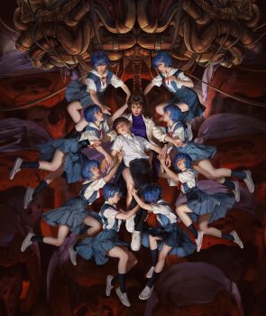 1boy absurdres anniversary ayanami_rei blue_hair blue_skirt brown_hair clone highres ikari_shinji ikari_yui multiple_girls neon_genesis_evangelion reaching reaching_towards_another red_ribbon ribbon rick_parsa school_uniform shirt shoes short_hair sitting skirt tokyo-3_middle_school_uniform white_shirt white_shoes