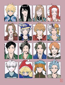 Rule 34 | 1girl, 6+boys, aerith gainsborough, animal ears, aqua cape, armor, ashinamaturi, bare shoulders, bead necklace, beads, billy lee black, black hair, black jacket, black vest, blonde hair, blue eyes, blue jacket, blue robe, blue shirt, blue surcoat, blue tabard, border, braid, braided ponytail, camus (dq11), cape, cat boy, cat ears, character request, charlotte (seiken densetsu 3), chinese clothes, choker, closed eyes, closed mouth, collared shirt, commentary request, copyright request, dragon quest, dragon quest xi, dress, earrings, facial hair, facial mark, final fantasy, final fantasy ii, final fantasy vii, final fantasy vii remake, final fantasy xvi, fire emblem, fire emblem: path of radiance, firion, flower choker, flynn scifo, furrowed brow, glasses, goatee, green eyes, green robe, grey hair, grey jacket, grin, hair ribbon, hat, headband, headscarf, heterochromia, highres, hoop earrings, jacket, jade curtiss, jester cap, jewelry, joshua rosfield, kemonomimi mode, liu bei (shin sangoku musou), locke cole, long hair, multiple boys, neckerchief, necklace, nintendo, orange eyes, orange hair, orange headband, parted bangs, parted lips, pauldrons, pink border, pink dress, pink ribbon, pink vest, pom pom hat ornament, purple eyes, ranulf (fire emblem), red hair, red hat, red jacket, red neckerchief, ribbon, robe, seiken densetsu, seiken densetsu 3, shin sangoku musou, shin sangoku musou origins, shirt, short hair, shoulder armor, sidelocks, sigh, single braid, smile, smirk, sword, sword on back, tabard, tales of (series), tales of symphonia, tales of the abyss, tales of vesperia, teeth, topknot, upper teeth only, vest, weapon, weapon on back, white background, white headband, xenogears, yuri lowell, zelos wilder