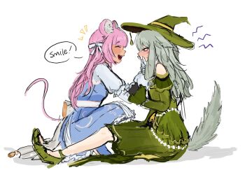 2girls anger_vein animal_ears black_gloves blue_dress blush commentary dress english_text gloves green_dress green_hair green_hat green_shoes hat highres kemonomimi_mode kittisunni kusanagi_nene long_hair mouse_ears mouse_girl mouse_tail multiple_girls ootori_emu open_mouth pink_hair project_sekai shoes simple_background smile speech_bubble tail untranslatable_commentary white_background witch_hat wolf_ears wolf_girl wolf_tail yuri