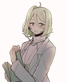 1girl ahoge closed_mouth coat green_eyes green_hair grottsca_jo highres holding honkai_(series) honkai_impact_3rd id_card klein_(honkai_impact) lab_coat long_sleeves looking_at_viewer short_hair simple_background solo sweater turtleneck turtleneck_sweater white_background white_coat white_sweater