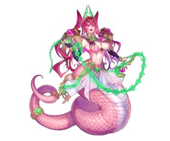 1girl :d arcanadea armor bare_shoulders black_bridal_gauntlets black_sleeves bracelet breasts bridal_gauntlets circlet cleavage detached_sleeves fangs full_body gem gold_bracelet green_gemstone hair_intakes hand_up headgear highres holding holding_whip jewelry lamia large_breasts linea_alba long_hair looking_at_viewer meltina_(arcanadea) monster_girl navel official_art open_mouth pink_eyes pink_gemstone red_hair ring scales shoulder_armor sidelocks simple_background skirt smile solo stomach tachi-e tail tail_ornament teeth twintails upper_teeth_only white_background white_skirt z-ton