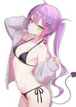 1girl absurdres arm_up bikini black_bikini black_tail breasts cameltoe cardigan closed_mouth collarbone covered_erect_nipples demon_tail ear_piercing fingernails gradient_hair green_eyes green_nails hair_ornament hairclip highres hololive long_hair long_sleeves multicolored_hair nail_polish navel nekonosuke piercing pink_hair pink_nails pointy_ears purple_hair side-tie_bikini_bottom simple_background sleeves_past_wrists solo stomach sweat swimsuit tail tail_ornament tail_piercing thighs tokoyami_towa twintails virtual_youtuber white_background white_cardigan