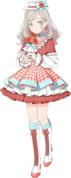 1girl blue_bow blue_eyes blue_socks boots bow ceras_yanagida_lilienfeld daisy_(flower) dress flower game_cg gigo gingham_dress grey_hair hair_ribbon hat hat_bow hat_flower high_heel_boots high_heels holding holding_flower knee_boots kneehighs light_smile link!_like!_love_live! long_hair long_sleeves looking_at_viewer love_live! non-web_source official_alternate_costume official_art pink_ribbon red_dress red_flower ribbon simple_background socks solo transparent_background virtual_youtuber wavy_hair white_boots white_hat