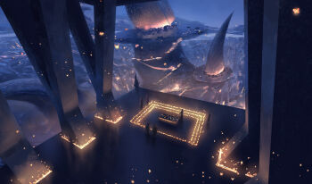 6+others character_request city_lights falling_petals from_above full_body gesture ghostblade ghostblade_(character) highres lantern light_particles multiple_others night outstretched_arm paper_lantern petals scenery standing table wlop