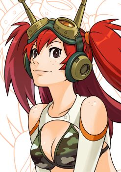 1girl absurdres ace_attorney bikini bikini_top_only body_freckles breasts brown_eyes camouflage camouflage_bikini cleavage commentary detached_sleeves english_commentary freckles goggles goggles_on_head green_bikini hair_between_eyes headphones highres long_hair looking_at_viewer medium_breasts nifast_(greentail) original parody red_hair shoulder_freckles shrug_(clothing) smile solo style_parody swimsuit truck_(nifast_(greentail)) two_side_up upper_body white_background white_sleeves