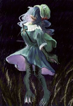 1girl black_background blue_eyes blue_hair collared_dress colored_skin commentary_request dress evil_smile full_body green_dress green_hat green_skin hair_over_one_eye hat head_tilt highres kawashiro_nitori key long_hair looking_at_viewer monsterification narrowed_eyes omaega_chan one_eye_covered puffy_short_sleeves puffy_sleeves sharp_teeth short_sleeves smile solo teeth touhou twintails webbed_feet