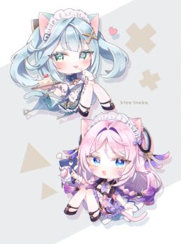 2girls :p alternate_costume animal_ears apron aqua_hair blue_bow blue_bowtie blue_dress blush bow bowtie braid cake cat_ears cat_tail chibi chibi_only citlali_(genshin_impact) citlalin_(genshin_impact) closed_mouth commentary_request dress enmaided facial_mark faruzan_(genshin_cafe_in_seoul)_(genshin_impact) faruzan_(genshin_impact) floating_headgear food food_on_hand forehead_mark frilled_apron frilled_hairband frills genshin_impact green_eyes hair_ornament hairband headgear highres holding holding_cake holding_food holding_tray itzpapa_(genshin_impact) kemonomimi_mode kise_inaka long_hair looking_at_viewer maid maid_headdress multicolored_hair multiple_girls necktie official_alternate_costume open_mouth pink_hair purple_dress purple_hair purple_necktie symbol-shaped_pupils tail tongue tongue_out tray triangle triangle-shaped_pupils triangle_facial_mark twin_braids twintails twitter_username very_long_hair white_apron white_hairband white_wrist_cuffs wrist_cuffs x_hair_ornament
