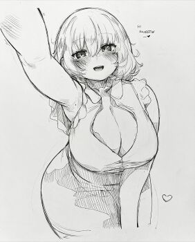 1girl blush breasts cleavage commentary english_commentary graphite_(medium) greyscale heart highres huge_breasts looking_at_viewer mature_female monochrome open_mouth original renocoffee solo traditional_media