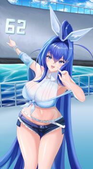 Rule 34 | 1girl, absurdres, azur lane, bare shoulders, belt, blue eyes, blue hair, blue shirt, blue shorts, blush, boat, bracelet, breasts, cellphone, cheek poking, denim, denim shorts, hair intakes, hair ribbon, heart belt buckle, highres, holding, holding phone, jewelry, large breasts, long hair, looking at viewer, midriff, navel, new jersey (azur lane), official alternate costume, open mouth, phone, pointing, poking, ponytail, ribbon, shirt, short shorts, short sleeves, shorts, smile, solo, standing, stomach, teaoe, tied shirt, very long hair, watercraft, white belt, white shirt