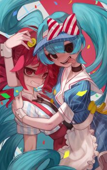 2girls @_@ apron aqua_hair black_mouth black_necktie blush confetti crazy distress_hand_signal dress drill_hair eyepatch frilled_apron frills hatsune_miku highres hug kasane_teto m0_chi mesmerizer_(vocaloid) multiple_girls necktie pinstripe_dress pinstripe_hat pinstripe_pattern red_eyes red_hair red_suspenders sharp_teeth shirt smile smiley_hair_ornament striped_clothes striped_shirt teeth tongue tongue_out twin_drills twintails visor_cap vocaloid white_apron