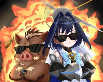 2girls absurdres akali animal artist_name black_hair blue_hair boar bow bow_earrings breasts chain chain_headband character_name cleavage closed_mouth clothing_cutout colored_inner_hair crossed_arms crossover detached_sleeves earrings explosion explosion_background fanged_bangs frown hair_intakes heart-shaped_gem highres hololive hololive_english jewelry large_breasts league_of_legends long_hair looking_at_viewer mask mouth_mask multicolored_hair multiple_girls ouro_kronii ouro_kronii_(1st_costume) pendant ponytail ribbon_earrings sadxkingart short_hair simple_background single_earring sunglasses tusks underboob_cutout upper_body virtual_youtuber zipper zipper_pull_tab