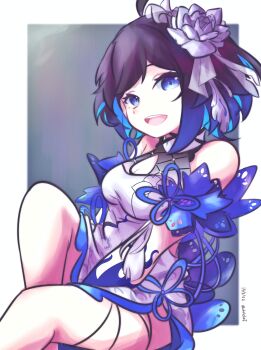 Rule 34 | 1girl, absurdres, ahoge, black hair, blue background, blue eyes, blue hair, border, breasts, cholete, commentary, dated, english commentary, highres, honkai (series), honkai impact 3rd, medium breasts, multicolored hair, official alternate costume, open mouth, seele vollerei, seele vollerei (mirrored flourishes), seele vollerei (stygian nymph), short hair, smile, solo, thighs, twitter username, two-tone hair, white border