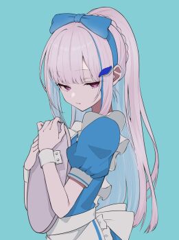 1girl apron aqua_background blue_dress blue_hair blue_ribbon blunt_bangs braid colored_inner_hair commentary_request dress frilled_dress frills from_side grey_hair grid_background hair_ornament hair_ribbon hairclip half-closed_eyes haruwo highres holding holding_tray lize_helesta long_hair looking_at_viewer multicolored_hair nijisanji parted_lips puffy_short_sleeves puffy_sleeves purple_eyes ribbon short_sleeves sidelocks solo streaked_hair tray upper_body very_long_hair virtual_youtuber waitress white_apron wrist_cuffs