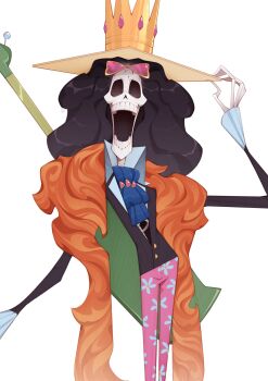 Rule 34 | 1boy, afro, black hair, bluelemondraws, brook (one piece), cane, commentary, crown, english commentary, eyewear on head, feather boa, floral print, guitar, highres, holding, holding cane, instrument, male focus, one piece, open mouth, pants, simple background, skeleton, solo, upper body, white background