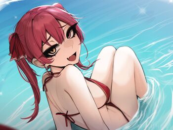 1girl absurdres bikini breasts commentary fang from_behind hair_between_eyes hair_ribbon heterochromia highres hololive houshou_marine houshou_marine_(summer) large_breasts long_hair looking_at_viewer looking_back mikuneki ocean open_mouth partially_submerged raised_inner_eyebrows red_bikini red_eyes red_hair red_ribbon ribbon sideboob skin_fang smile solo swimsuit twintails virtual_youtuber water yellow_eyes