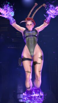 1girl 3d antenna_hair arms_up bare_shoulders blonde_hair blue_eyes braid breasts cammy_white covered_navel full_body gloves green_leotard hat highleg highleg_leotard highres leotard lips long_hair medium_breasts red_hat restrained ryona screencap shiny_clothes simple_background solo street_fighter street_fighter_6 stretching thighs third-party_edit thong_leotard twin_braids very_long_hair wide_hips