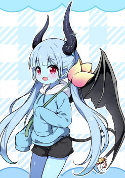 1girl bell black_shorts blue_hair blue_hoodie blue_skin character_request colored_skin commentary_request commission copyright_request demon_girl holding hood hood_down hoodie horns long_hair looking_at_viewer nekono_rin open_mouth red_eyes shorts skeb_commission sleeves_past_fingers sleeves_past_wrists smile solo tail tail_bell tail_ornament twintails wings