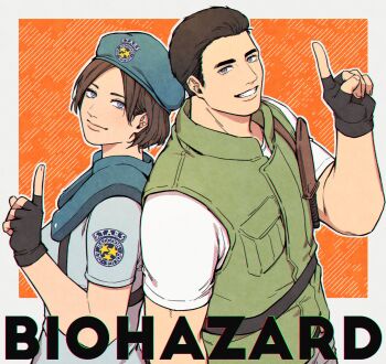Rule 34 | 1boy, 1girl, back-to-back, beret, black gloves, blue eyes, blue hair, blue shirt, border, brown hair, chris redfield, closed mouth, commentary request, copyright name, dbox 2525, fingerless gloves, flak jacket, gloves, green vest, grey eyes, grin, hat, highres, jacket, jill valentine, knife, looking at viewer, orange background, pointing, pointing up, police, police uniform, resident evil, resident evil 1, shirt, short hair, short sleeves, smile, teeth, upper body, vest, white border, white shirt