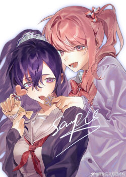 1girl 1other :d absurdres akiyama_mizuki artist_name asahina_mafuyu black_cardigan bow bowtie candy cardigan chinese_commentary commentary_request commission diagonal-striped_bow diagonal-striped_bowtie diagonal-striped_clothes double-parted_bangs food friends grey_sailor_collar grey_shirt hair_between_eyes hair_bow hair_intakes hair_ornament hair_scrunchie heart heart-shaped_food heart-shaped_lollipop high_ponytail highres holding holding_candy holding_food holding_lollipop kamiyama_high_school_uniform_(project_sekai) lollipop long_hair long_sleeves looking_at_another looking_at_viewer miyamasuzaka_girls&#039;_academy_school_uniform neckerchief open_cardigan open_clothes open_mouth orange_bow outline pink_eyes pink_hair ponytail project_sekai purple_cardigan purple_eyes purple_hair purple_outline red_bow red_bowtie red_neckerchief sailor_collar sailor_shirt sample_watermark sanriyin school_uniform scrunchie shaped_lollipop shirt side_ahoge side_ponytail sidelocks simple_background smile striped_bow striped_bowtie striped_clothes upper_body watermark weibo_watermark white_background white_scrunchie wide_ponytail