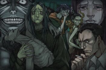 3girls 4boys artist_name black_hair black_shirt blood carrying carrying_person cat cigarette collared_shirt corpse crazy_eyes crop_top crying crying_with_eyes_open emaciated grin highres holding holding_cigarette intruder_(no_i&#039;m_not_a_human) little_girl_(no_i&#039;m_not_a_human) long_hair looking_at_viewer medium_hair multiple_boys multiple_girls no_i&#039;m_not_a_human plaid_clothes plaid_skirt pyro_cri sad shirt short_hair skirt smile snot bar_guy_(no_i&#039;m_not_a_human) tears teeth white_hair widowed_woman_(no_i&#039;m_not_a_human) wireface_(no_i&#039;m_not_a_human)