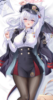 1girl absurdres arm_up black_hat black_jacket black_necktie black_pantyhose black_skirt black_wings blue_archive braid breasts center_frills collared_shirt covered_navel dakimakura_(medium) dokimaru doodle_sensei_(blue_archive) frills halo hand_up haruna_(blue_archive) hat highres jacket large_breasts long_sleeves looking_at_viewer lying military_hat necktie on_back open_mouth pantyhose pink_eyes sensei_(blue_archive) shirt skirt smile solo tail teeth upper_teeth_only white_hair white_shirt wings