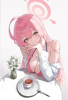 1girl absurdres ahoge bare_shoulders bikini blue_archive blush breast_rest breasts breasts_on_table chinese_commentary cleavage commentary_request cup elbows_on_table green_eyes grin halo hanako_(blue_archive) hanako_(swimsuit)_(blue_archive) head_rest head_tilt highres large_breasts long_hair long_sleeves looking_at_viewer loushao official_alternate_costume own_hands_together pink_bikini pink_hair pink_halo saucer shirt shirt_partially_removed simple_background smile solo spoon swimsuit teacup white_background white_shirt